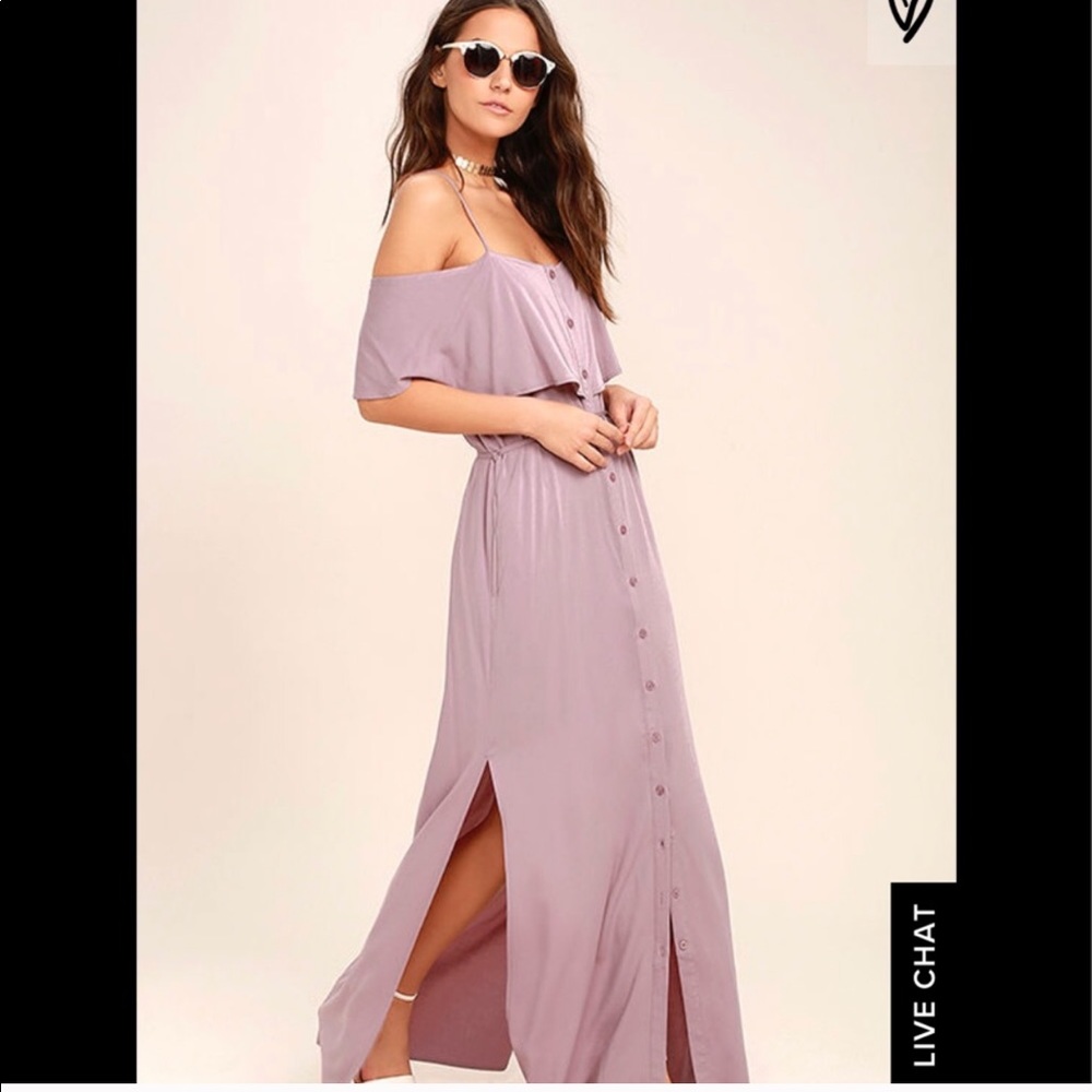 Lulu’s lilac colored dress, leg slit, off shoulder